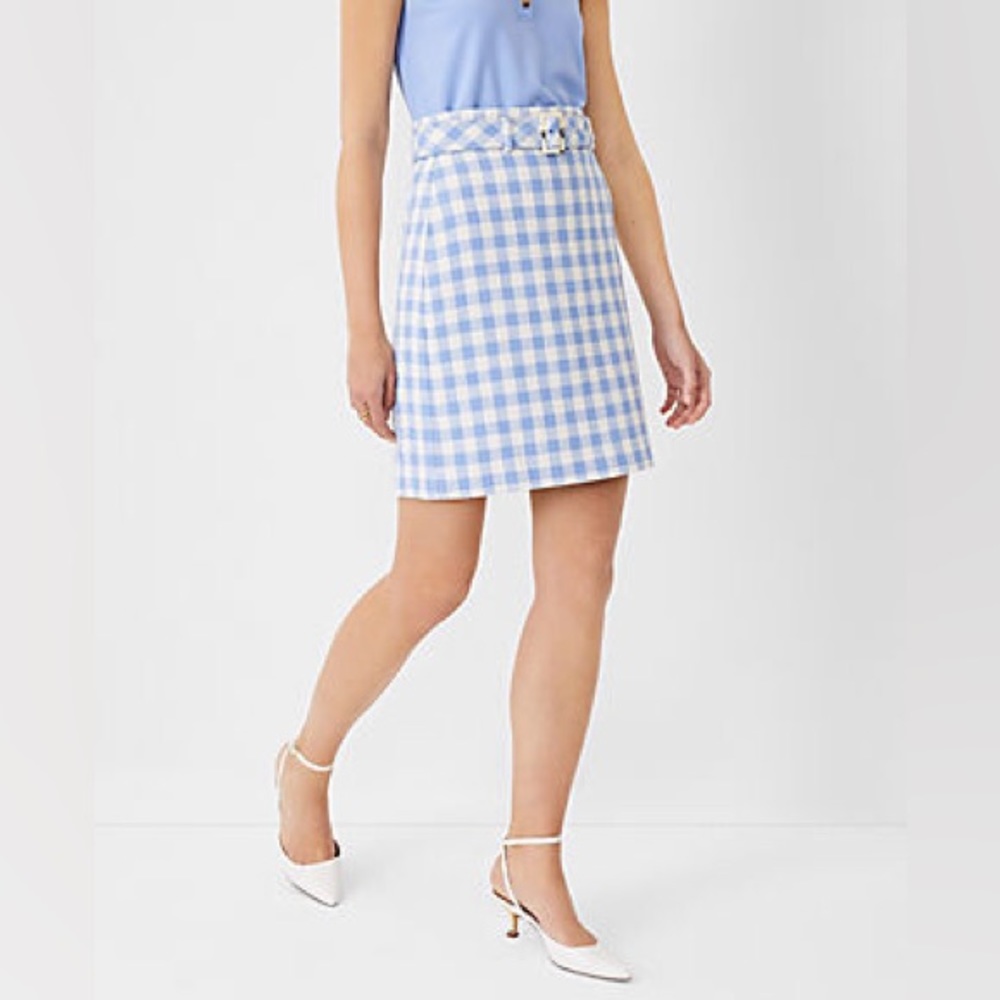 Ann Taylor Petite Gingham Belted A-Line Skirt